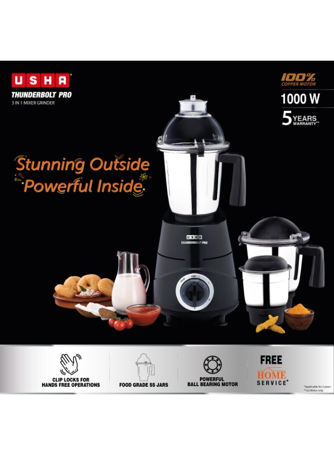 أوشا USHA Thunderbolt Pro 1000W with 3 Jars, 100% Copper Ball-Bearing Motor, Handsfree operation, 3 Jars, 3-Speed Setting with Inching option, 5 Years Warranty on Motor (Black) - Image 4